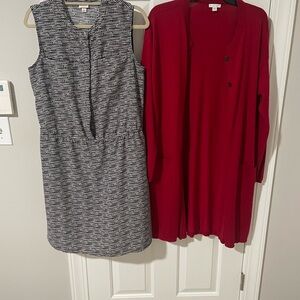 Elegant merona lgBlack and White Patterned Dress with Red Cardigan j Jill large